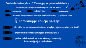 Na grafice koloru granatowego znajdują się białe napisy dot. tego jak postępować gdy znajdziemy niewybuch.