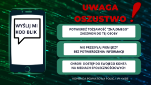 Na grafice znajduje się ikona telefonu - a na nim napis Przelej mi Blik, 
Uwaga Oszustwo!