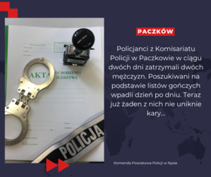 Na grafice znajduje się granatowe tło oraz zdjęcie akt z kajdankami i pieczątką. Na grafice znajduje się również napis : Policjanci z Komisariatu Policji w Paczkowie w ciągu dwóch dni zatrzymali dwóch mężczyzn. Poszukiwani na podstawie listów gończych wpadli dzień po dniu. Teraz już żaden z nich nie uniknie kary...