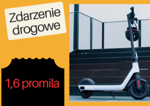 Na grafice na żółtym tle znajduje się zdjęcie hulajnogi elektrycznej oraz napisy zdarzenie drogowe, 1,6 promila