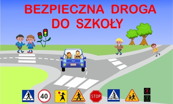 droga , samochody i napis - bezpieczna droga do szkoły grafika