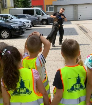 Przewodnik wraz z psem służbowym podczas pokazu, oraz dzieci stojące tyłem